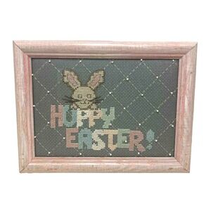 Easter‎ Embroidered Cross Stitch Wall Decor Rabbit 6" x 8" HOPPY Pink Framed